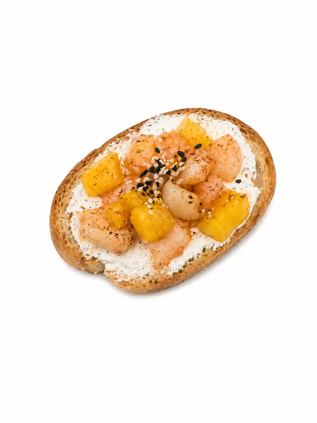 Брускетта креветка и манго